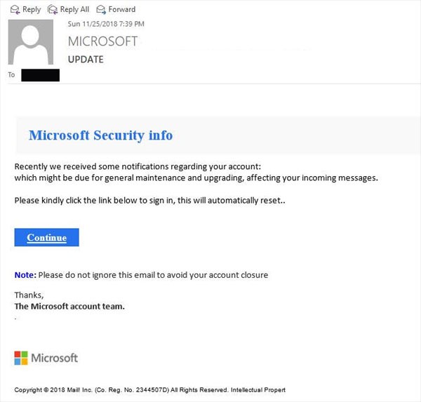 Microsoft security phishing email 