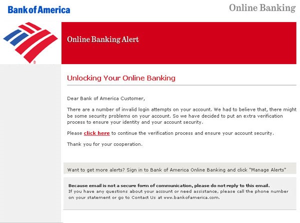 Bank of America phishing email 