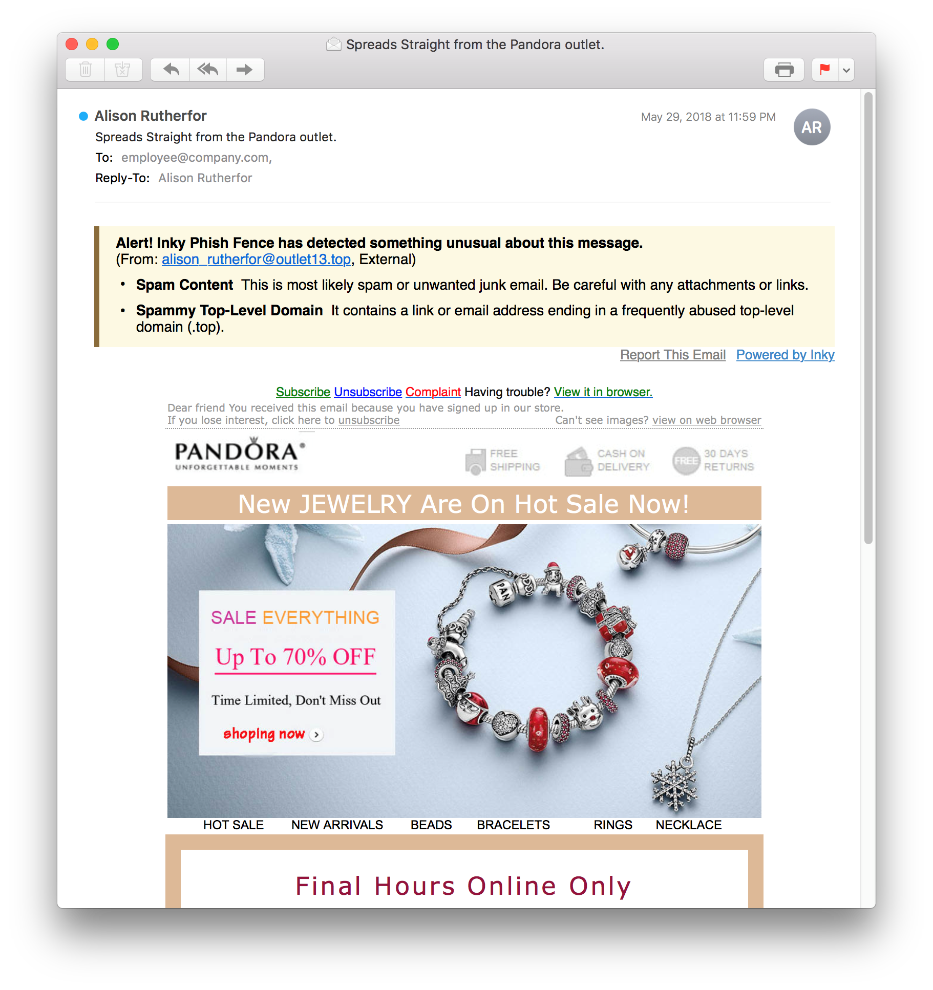 pandora phishing email 