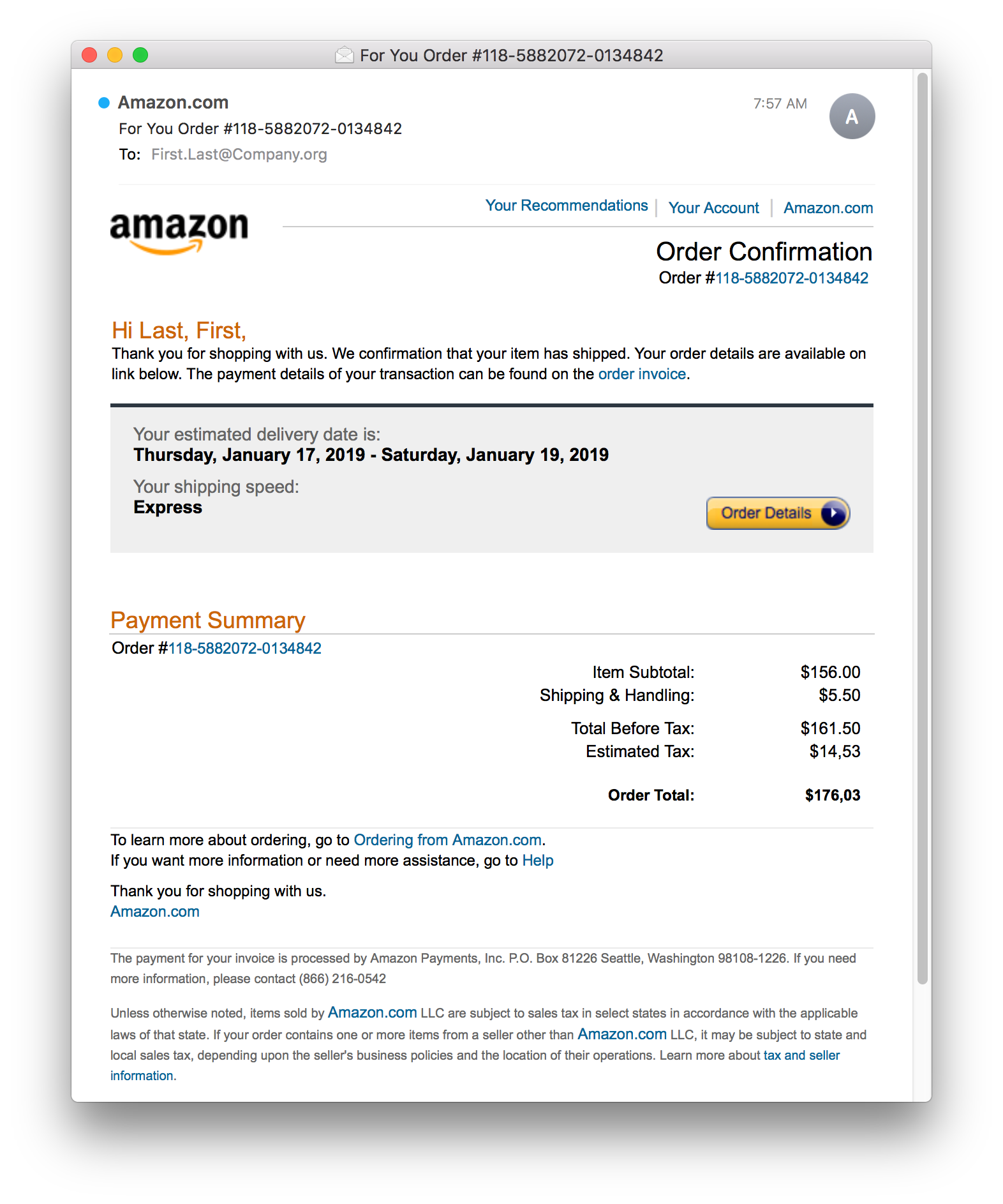 Amazon Impersonation Email INKY 1