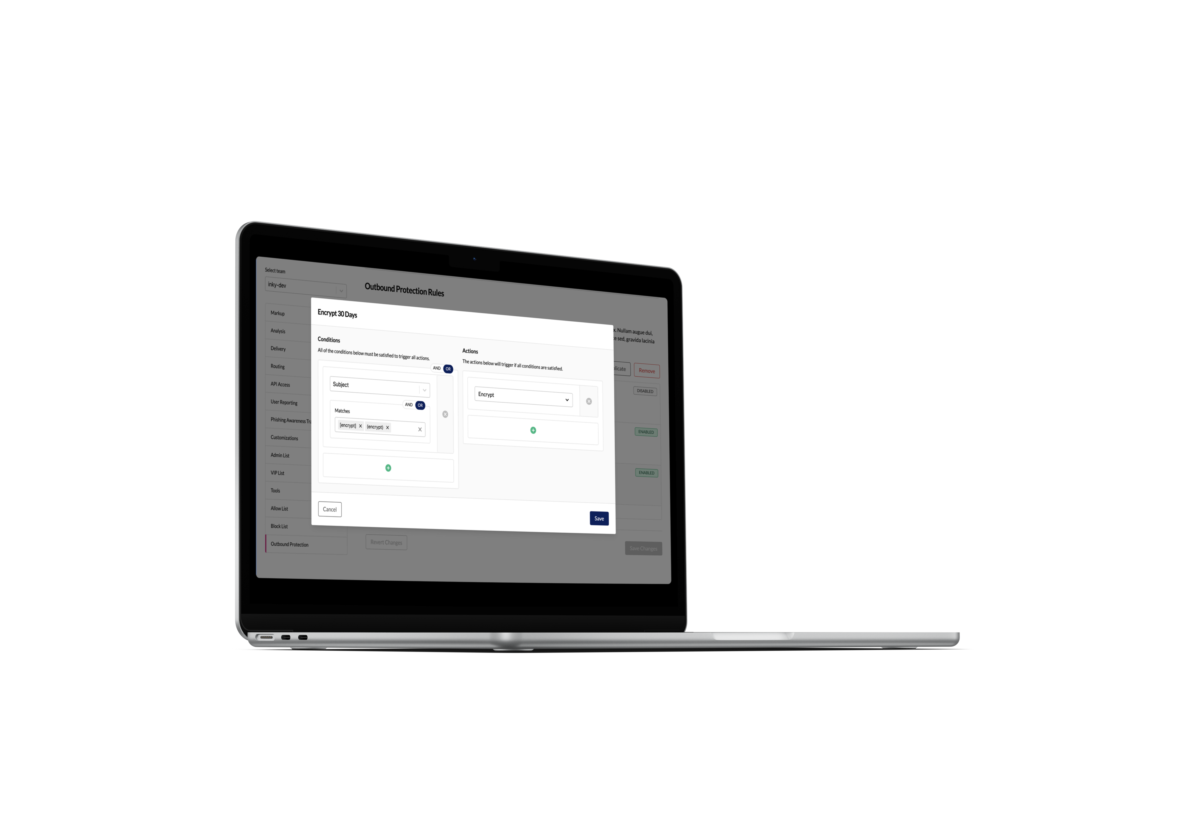 Outbound Email Encryption - admin mockup